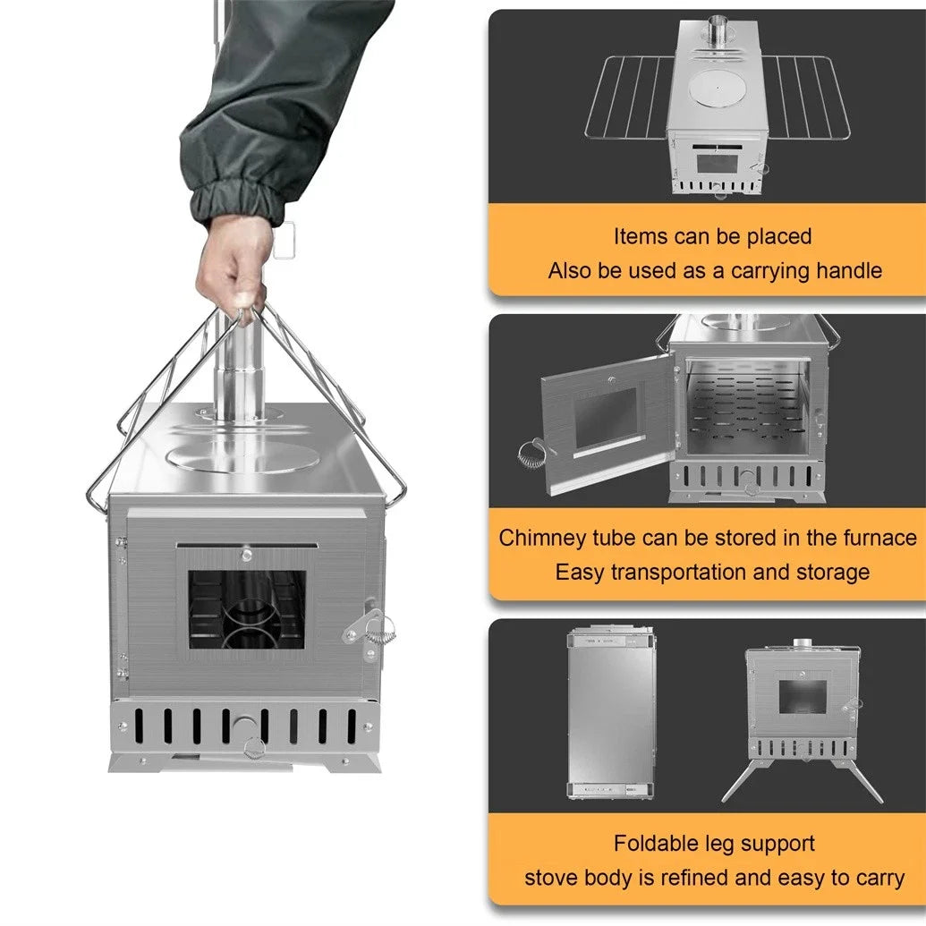 Unho Portable Wood Stove With Six Stainless Chimney Pipes