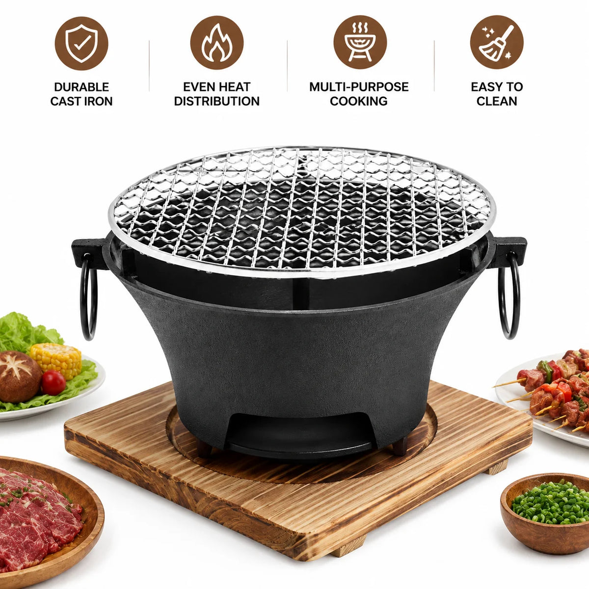 Portable Cast Iron Charcoal Grill With Stainless Steel Grill Rack
