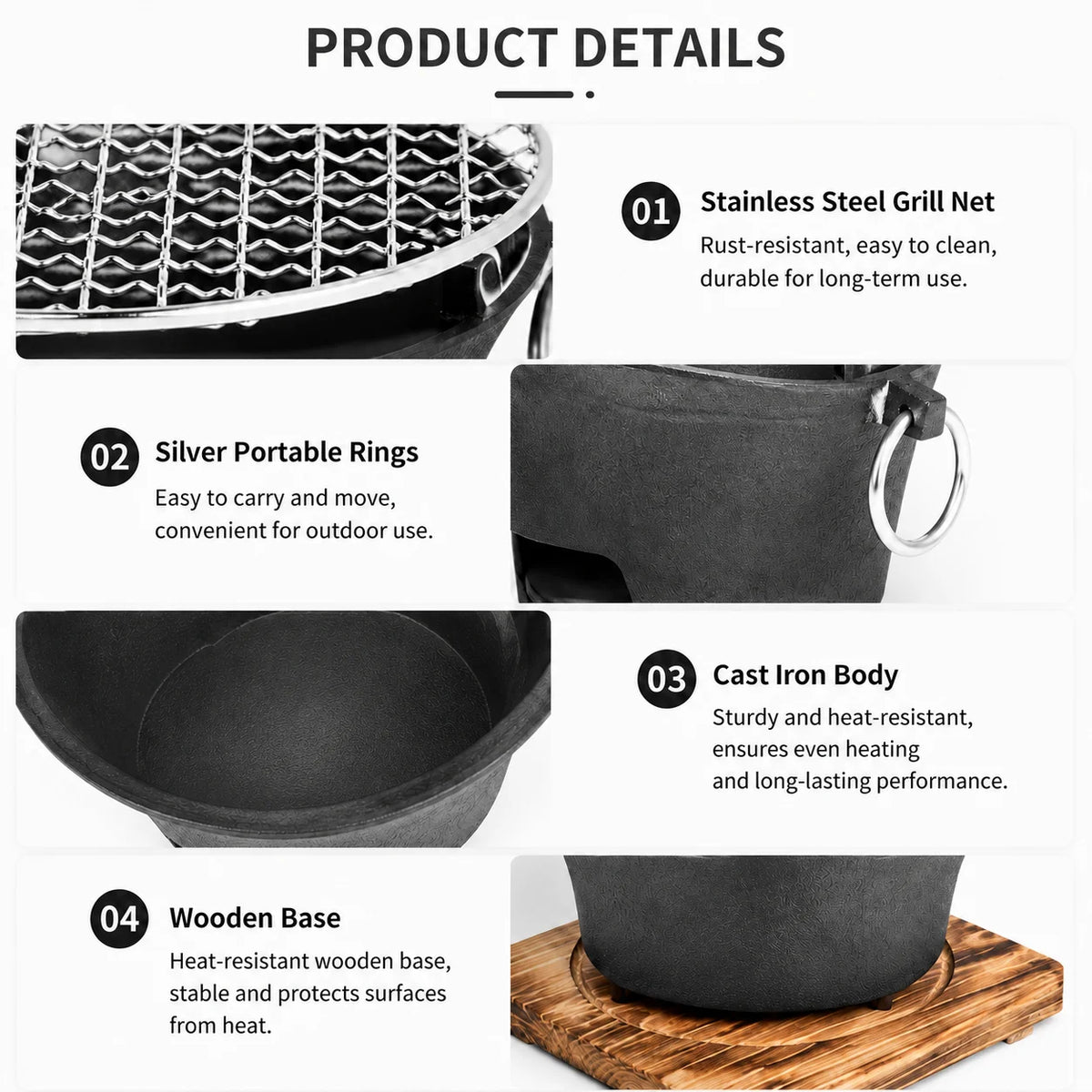 Portable Cast Iron Charcoal Grill With Stainless Steel Grill Rack