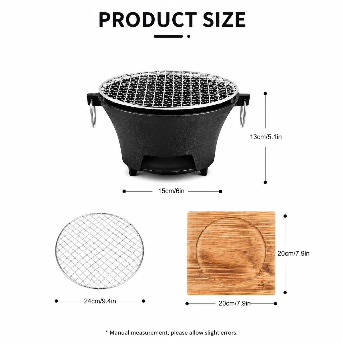 Portable Cast Iron Charcoal Grill With Stainless Steel Grill Rack