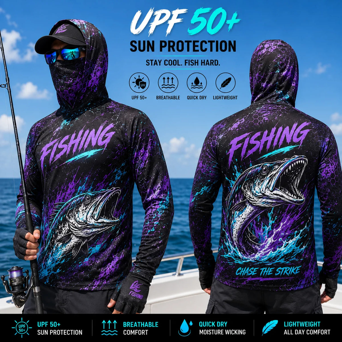 MALFC Mens Hooded Long Sleeve Fishing Shirt With UV Protection