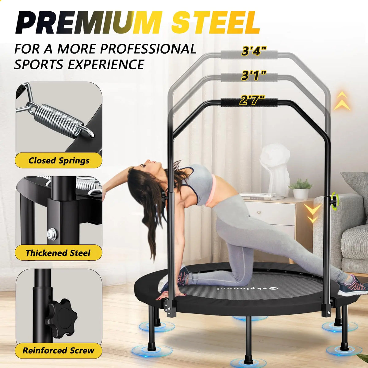 Foldable Adult Fitness Rebounder With Adjustable Exercise Handle Bar