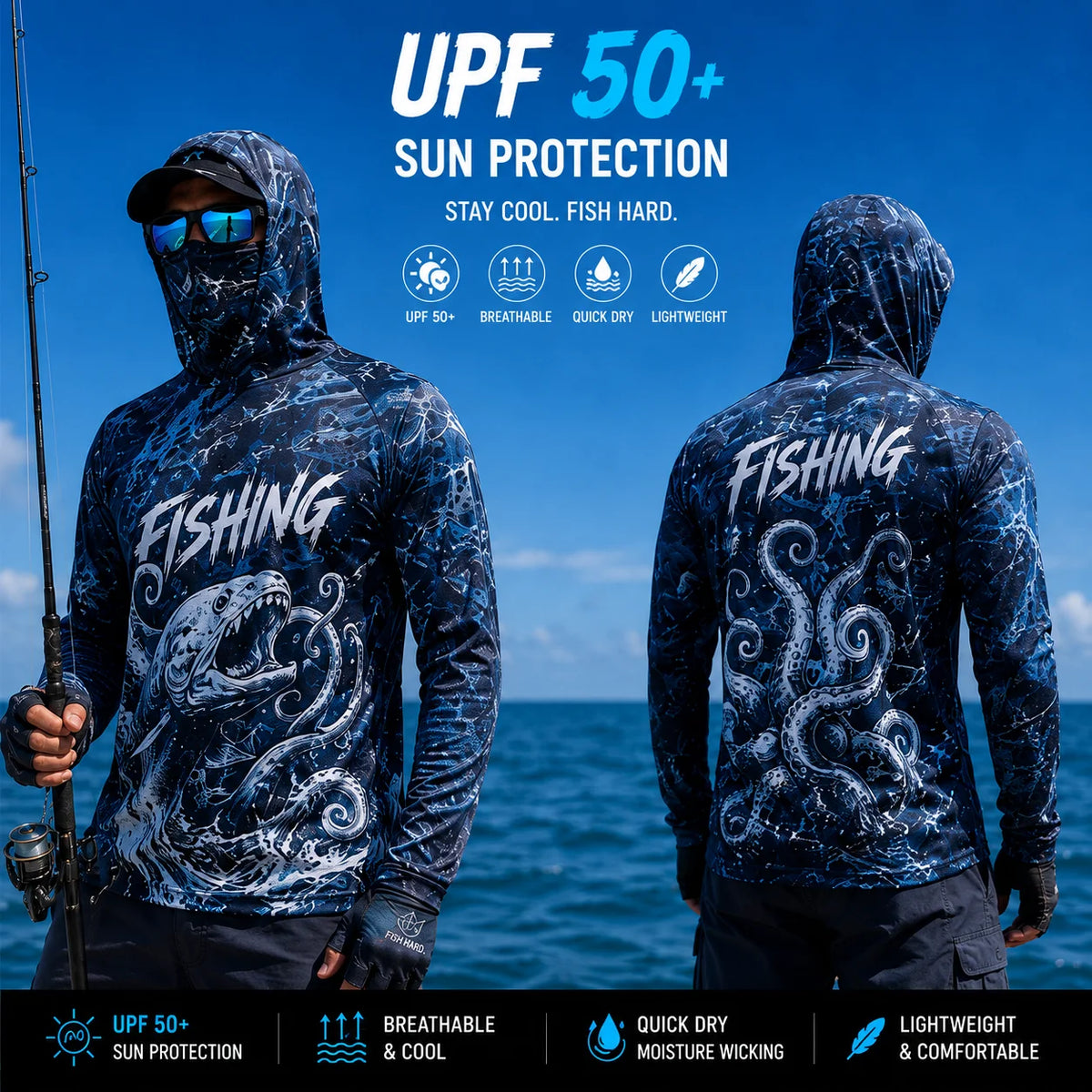 MALFC Mens Hooded Long Sleeve Fishing Shirt With UV Protection