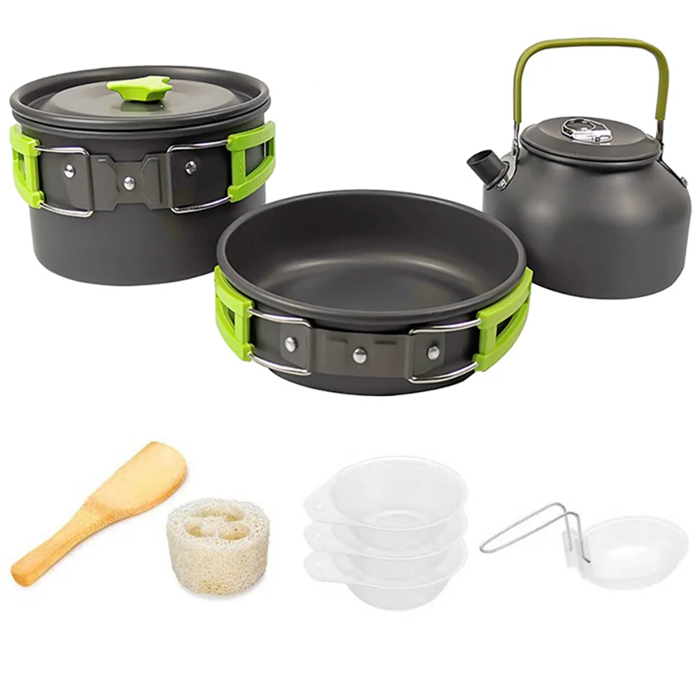 Portable Outdoor Camping Cookware Set With Nonstick Pot And Teapot