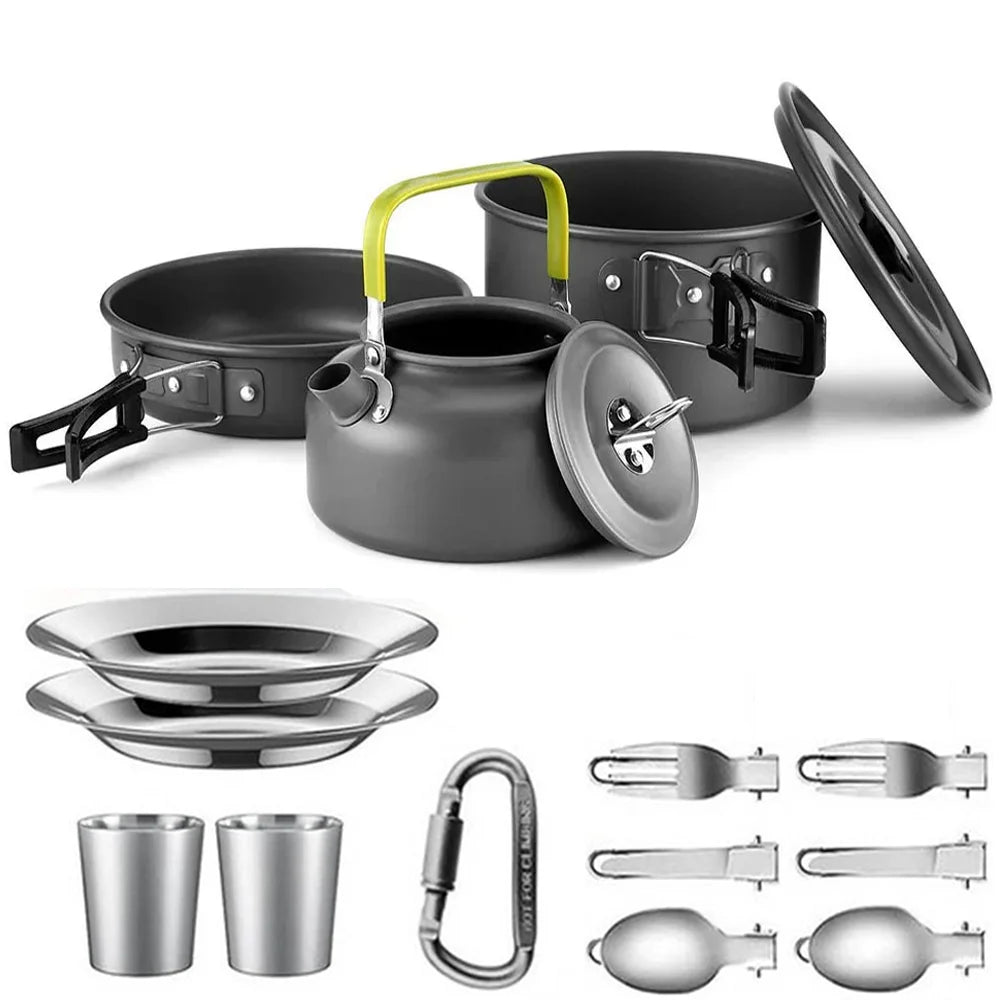 Portable Outdoor Camping Cookware Set With Nonstick Pot And Teapot