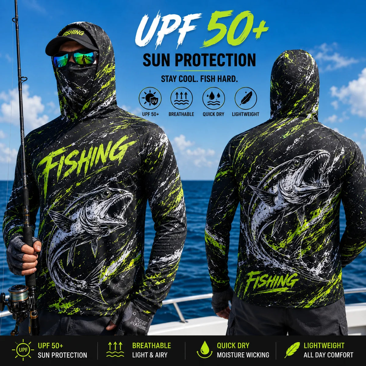 MALFC Mens Hooded Long Sleeve Fishing Shirt With UV Protection