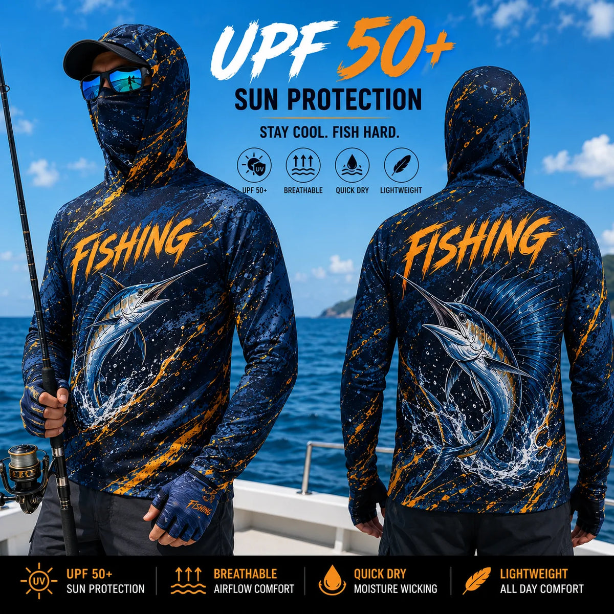 MALFC Mens Hooded Long Sleeve Fishing Shirt With UV Protection