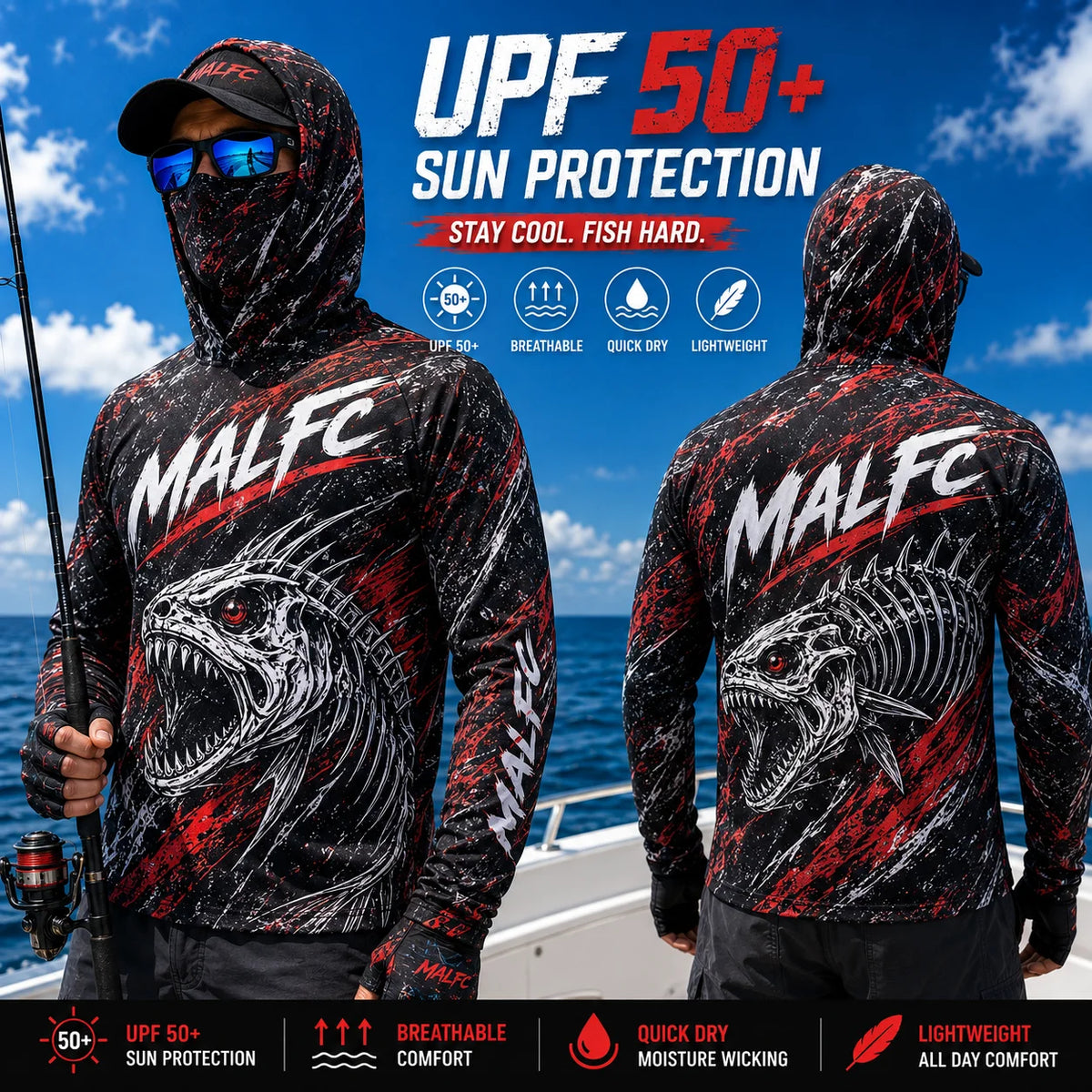 MALFC Mens Hooded Long Sleeve Fishing Shirt With UV Protection