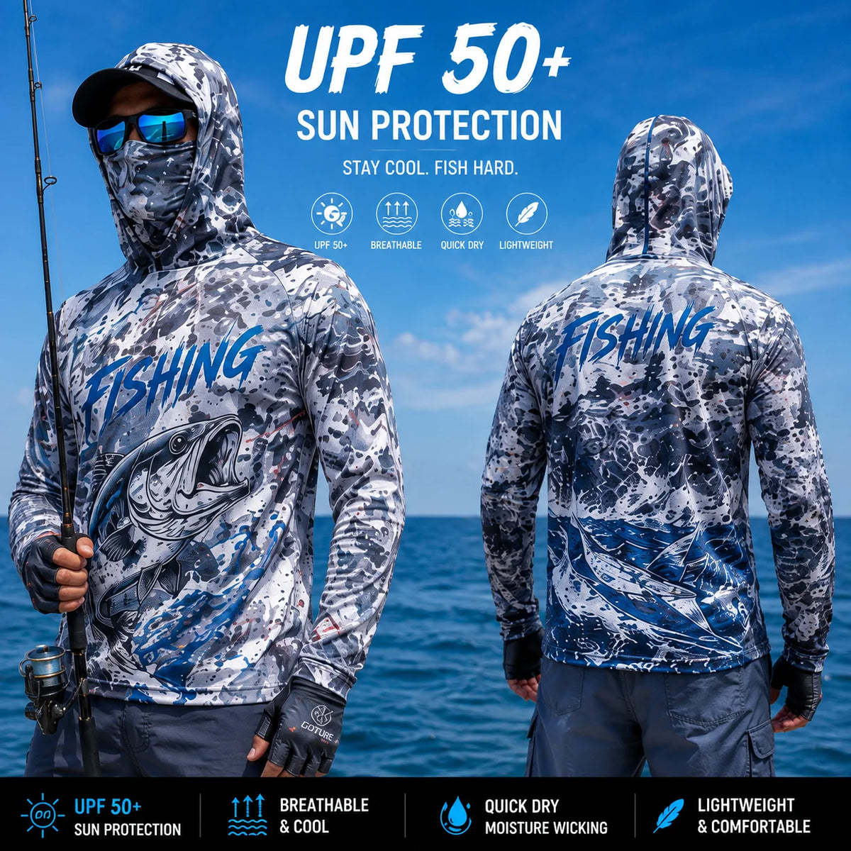 MALFC Mens Hooded Long Sleeve Fishing Shirt With UV Protection