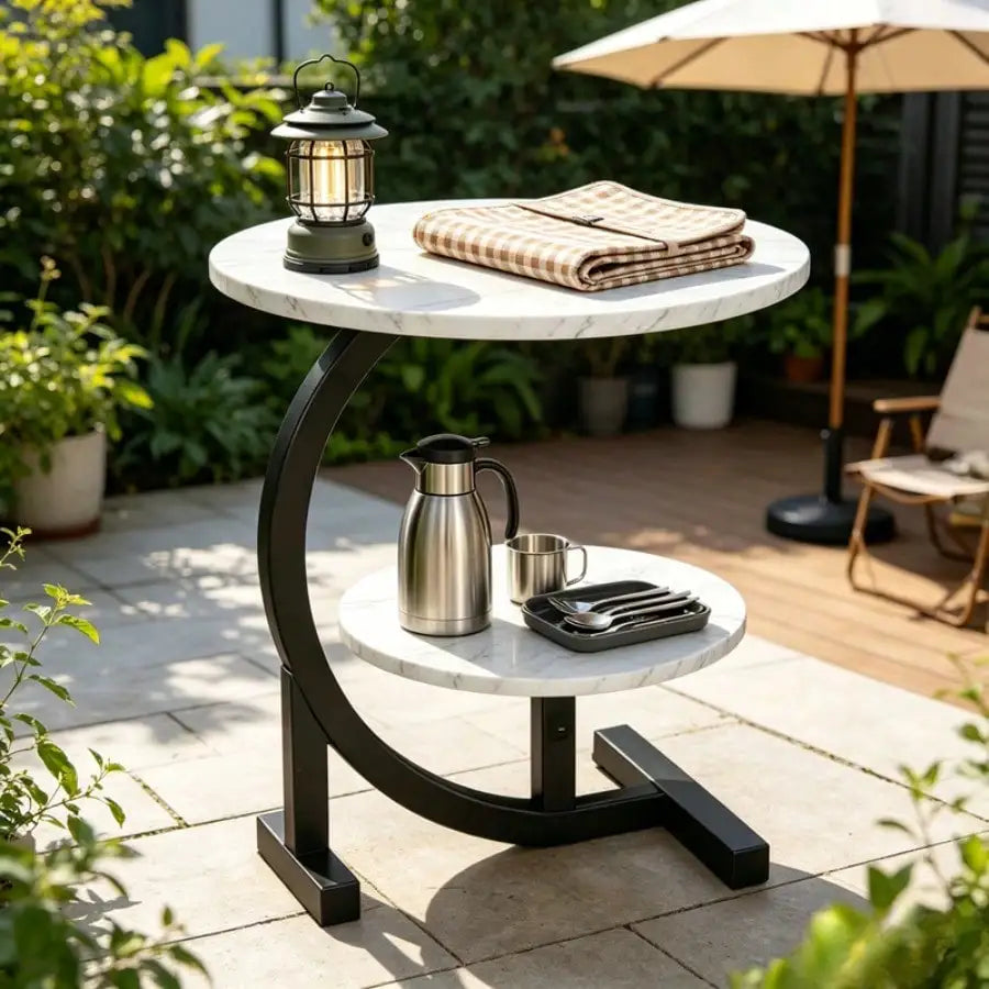Two Tier Outdoor C Shape Metal Frame Side Table Camping
