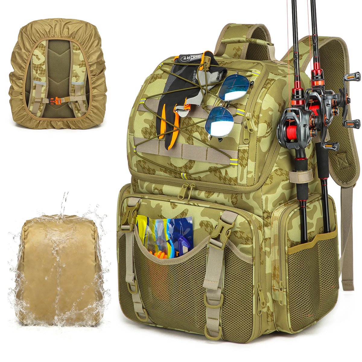 Fishing Tackle Backpack Cooler With Rod Holders And Rain Cover