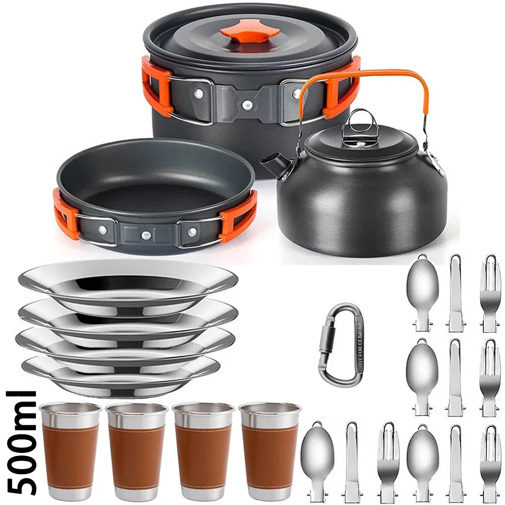 Portable Outdoor Camping Cookware Set With Nonstick Pot And Teapot
