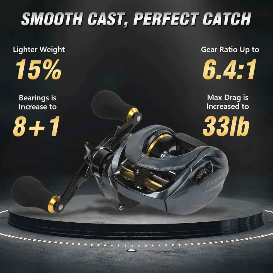 Baitcaster Fishing Reel 6.4 Gear Ratio 33 Lb Max Drag