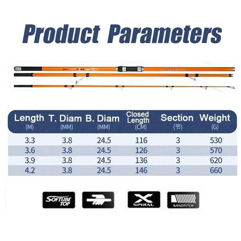 Three Piece Carbon Fiber Surf Carp Spinning Fishing Rod