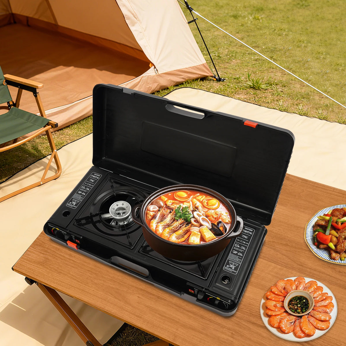 Portable Two Burner Camping Stove With Auto Ignition Case