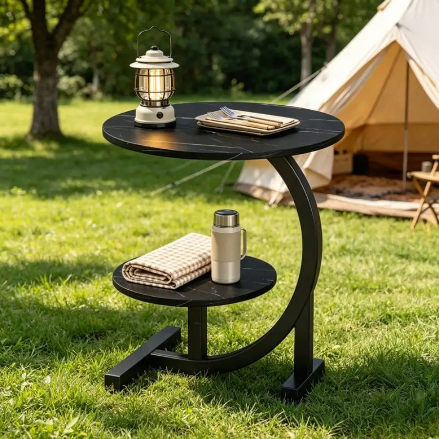 Two Tier Outdoor C Shape Metal Frame Side Table Camping