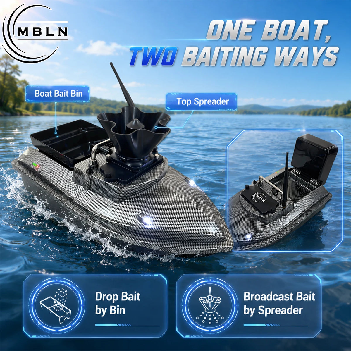 GPS Bait Boat with Rotating Spreader and Automatic Return