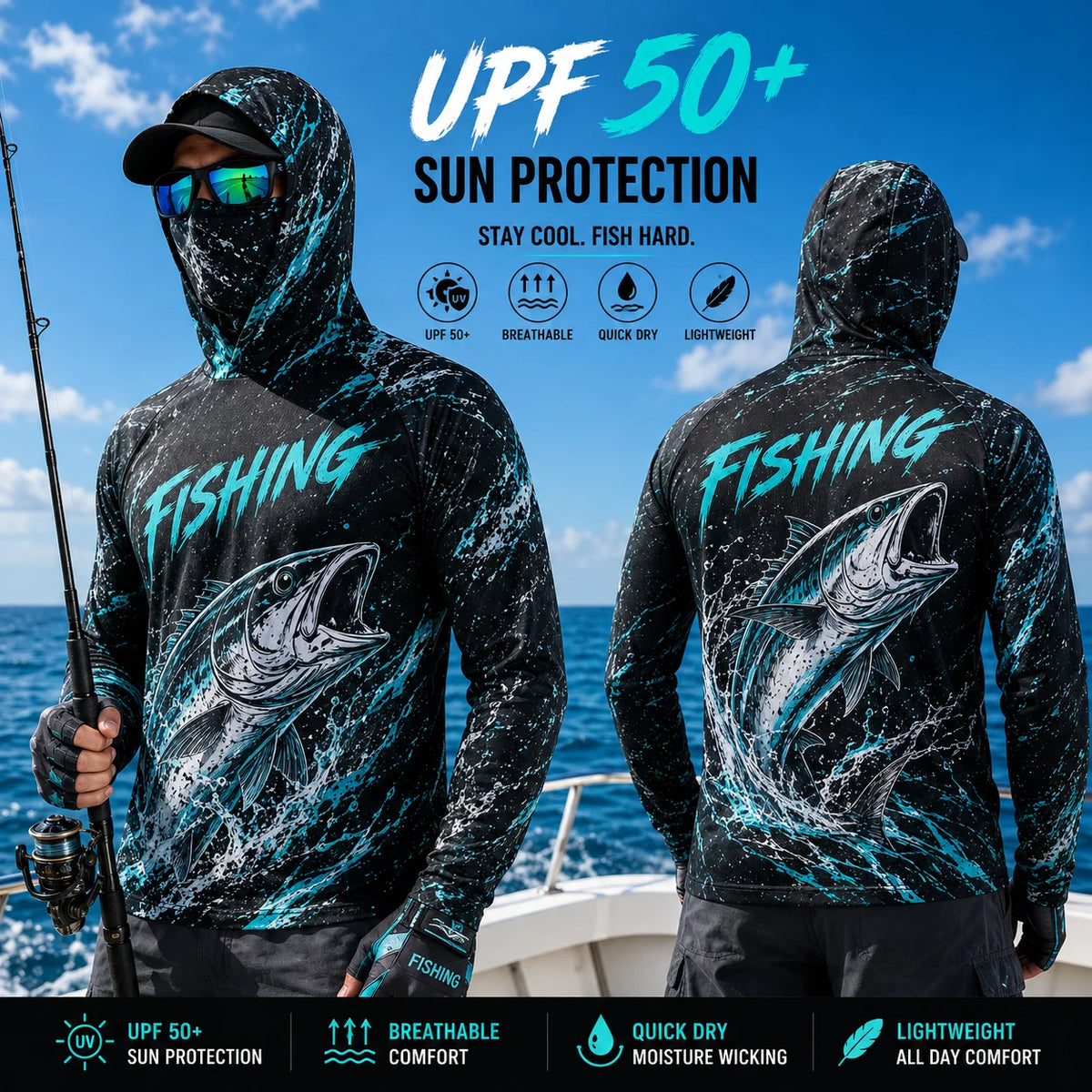 MALFC Mens Hooded Long Sleeve Fishing Shirt With UV Protection