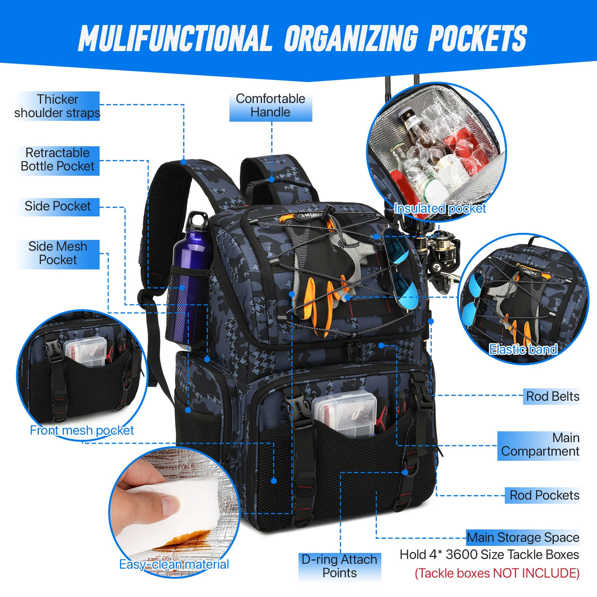 Fishing Tackle Backpack Cooler With Rod Holders And Rain Cover