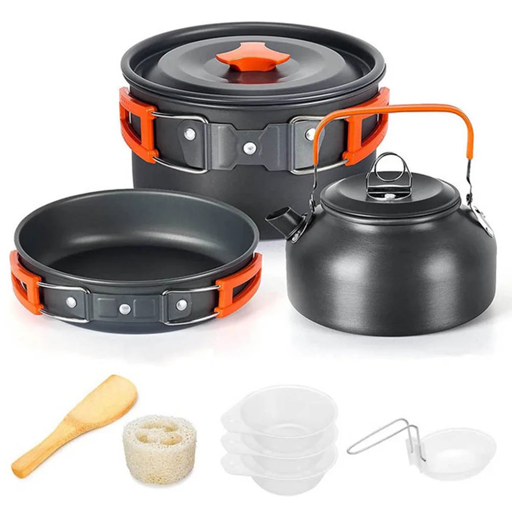Portable Outdoor Camping Cookware Set With Nonstick Pot And Teapot