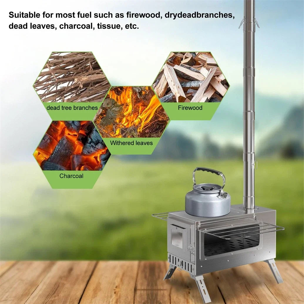 Unho Portable Wood Stove With Six Stainless Chimney Pipes
