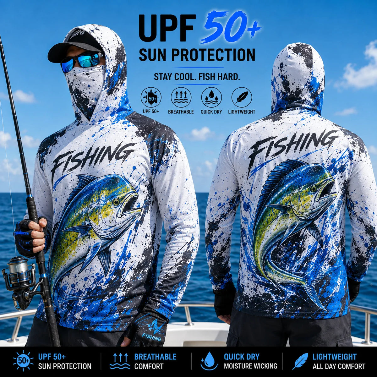 MALFC Mens Hooded Long Sleeve Fishing Shirt With UV Protection