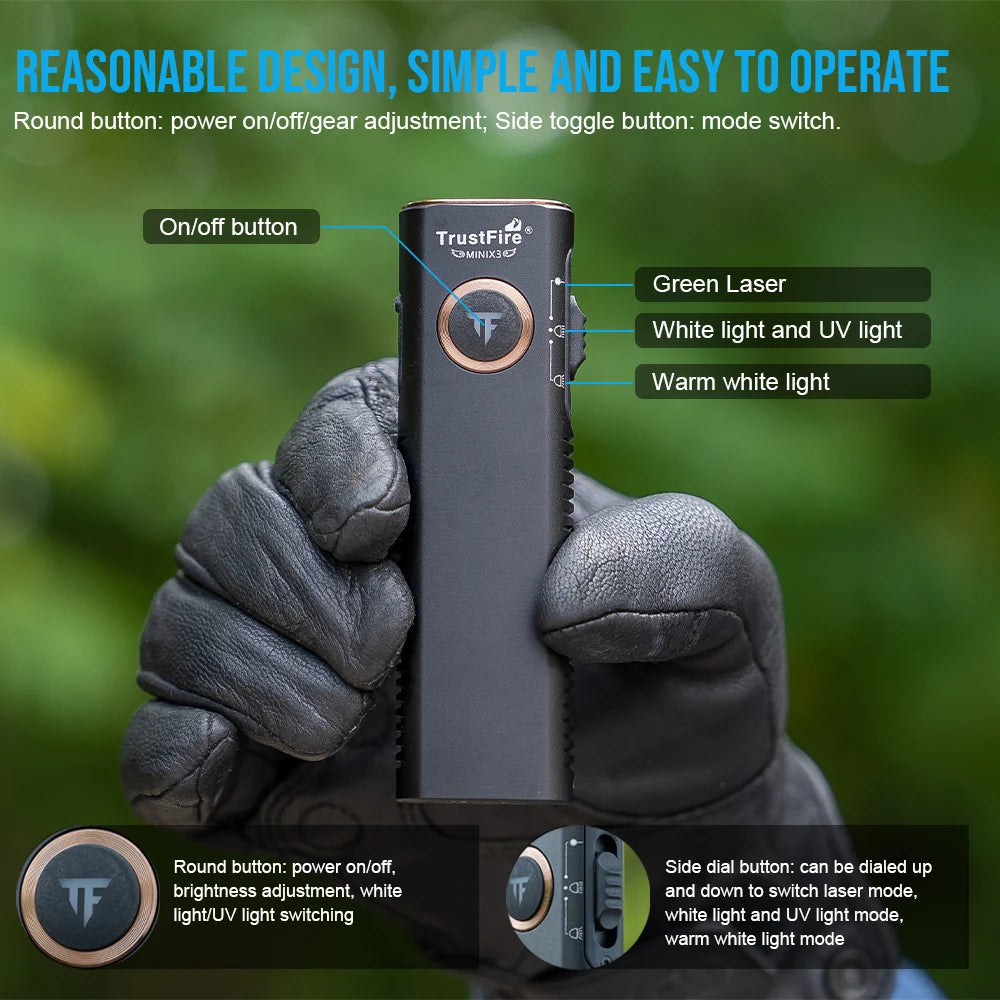 TrustFire MINIX3 Flat EDC Flashlight UV Green Light 1050 Lumens