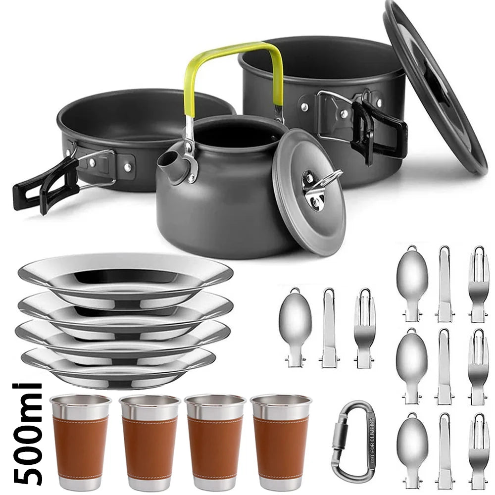 Portable Outdoor Camping Cookware Set With Nonstick Pot And Teapot