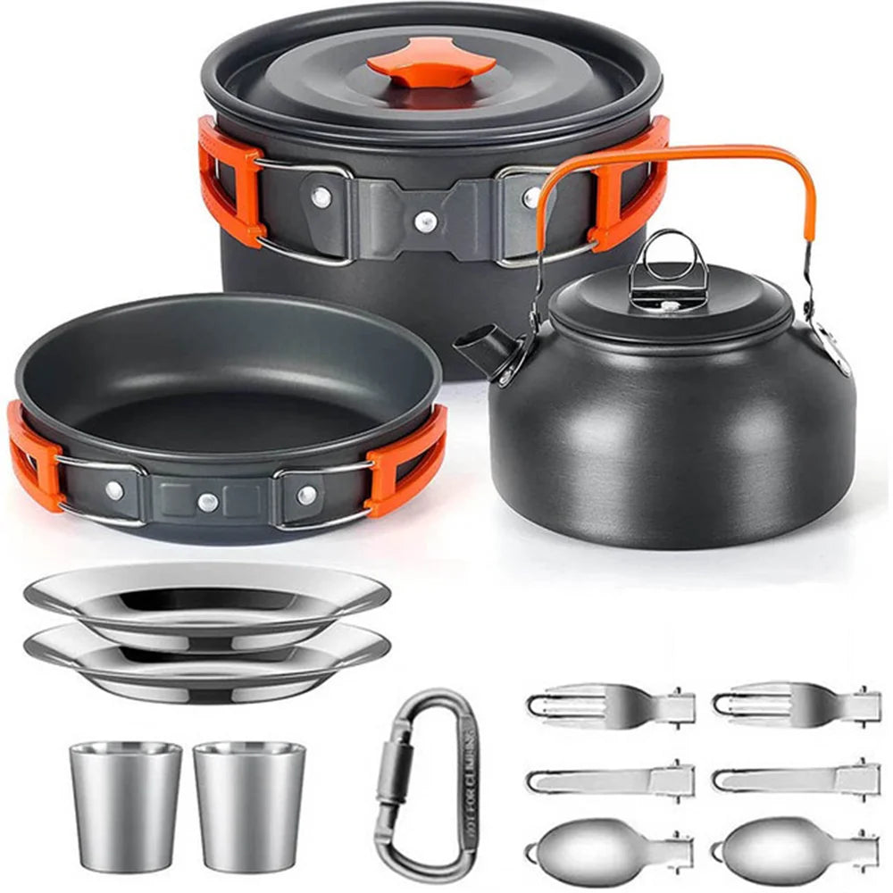Portable Outdoor Camping Cookware Set With Nonstick Pot And Teapot