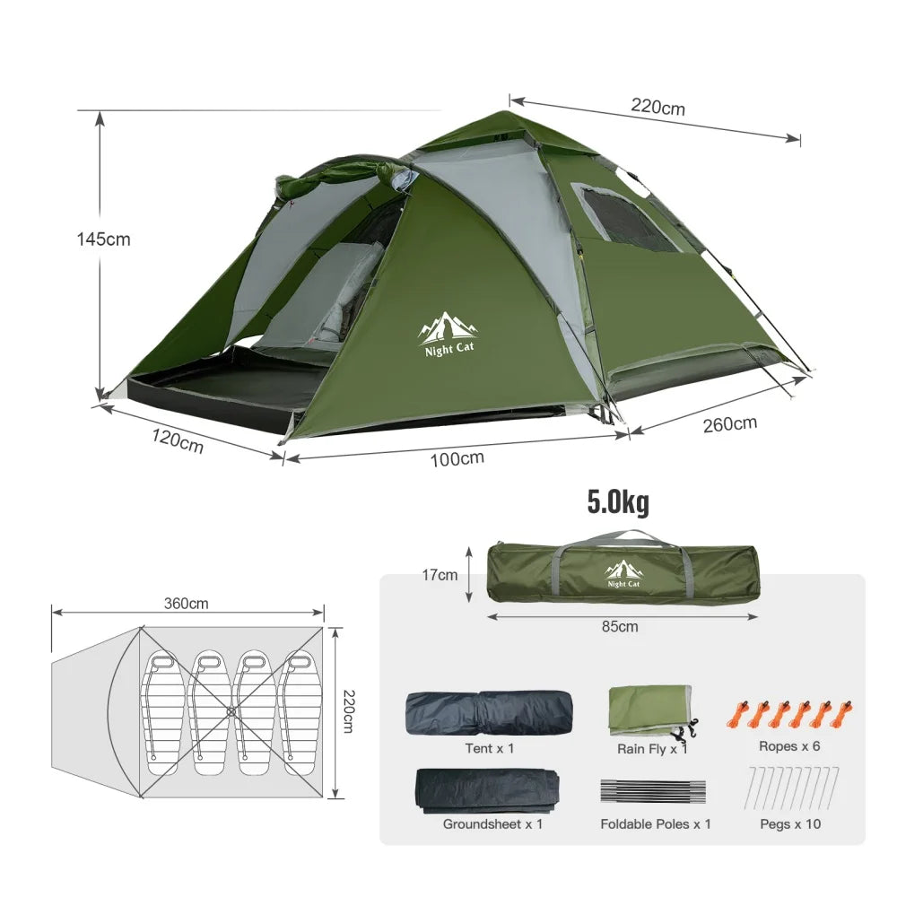 Night Cat Automatic Waterproof Camping Tent With Porch And Rainfly