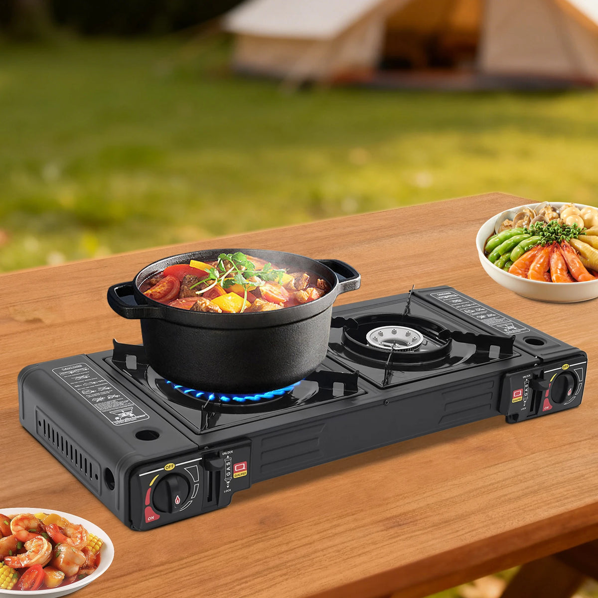 Portable Two Burner Camping Stove With Auto Ignition Case