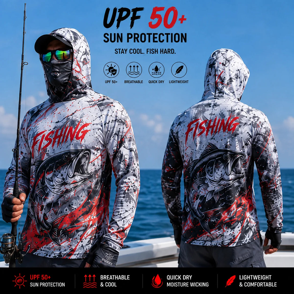 MALFC Mens Hooded Long Sleeve Fishing Shirt With UV Protection