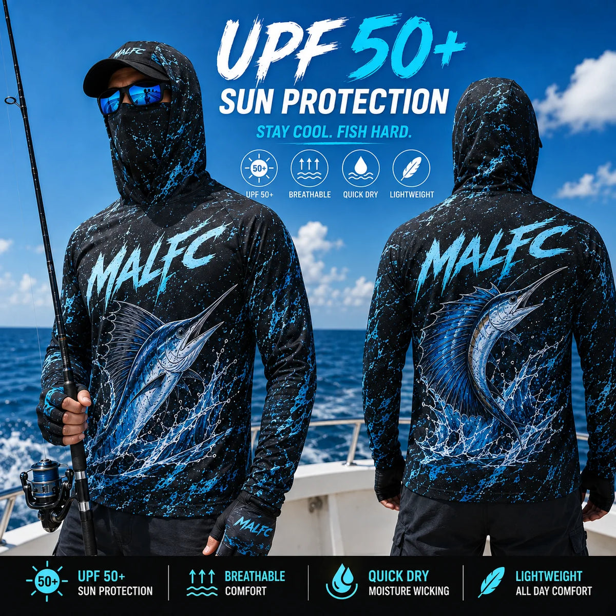 MALFC Mens Hooded Long Sleeve Fishing Shirt With UV Protection