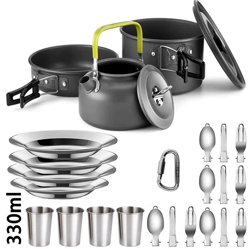 Portable Outdoor Camping Cookware Set With Nonstick Pot And Teapot