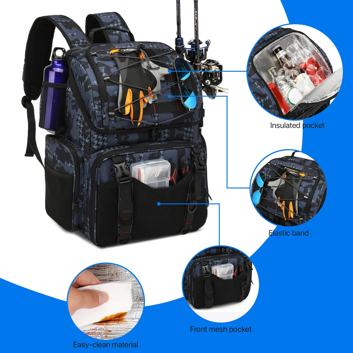 Fishing Tackle Backpack Cooler With Rod Holders And Rain Cover