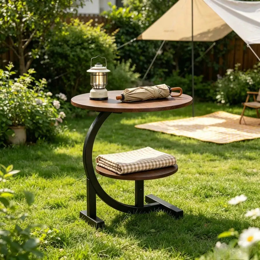 Two Tier Outdoor C Shape Metal Frame Side Table Camping
