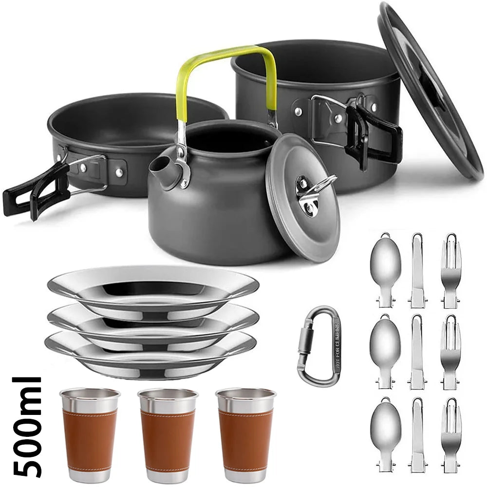 Portable Outdoor Camping Cookware Set With Nonstick Pot And Teapot