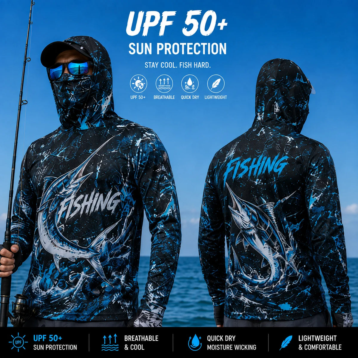 MALFC Mens Hooded Long Sleeve Fishing Shirt With UV Protection