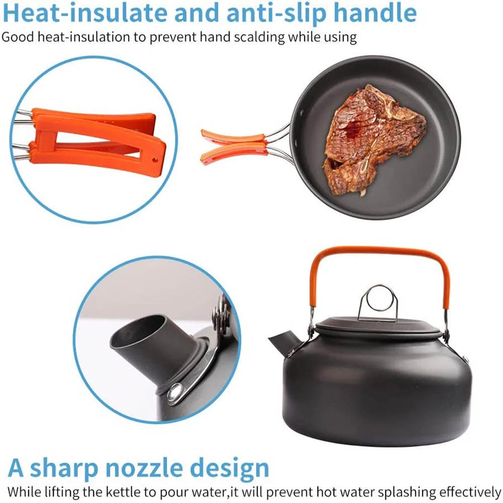 Portable Outdoor Camping Cookware Set With Nonstick Pot And Teapot