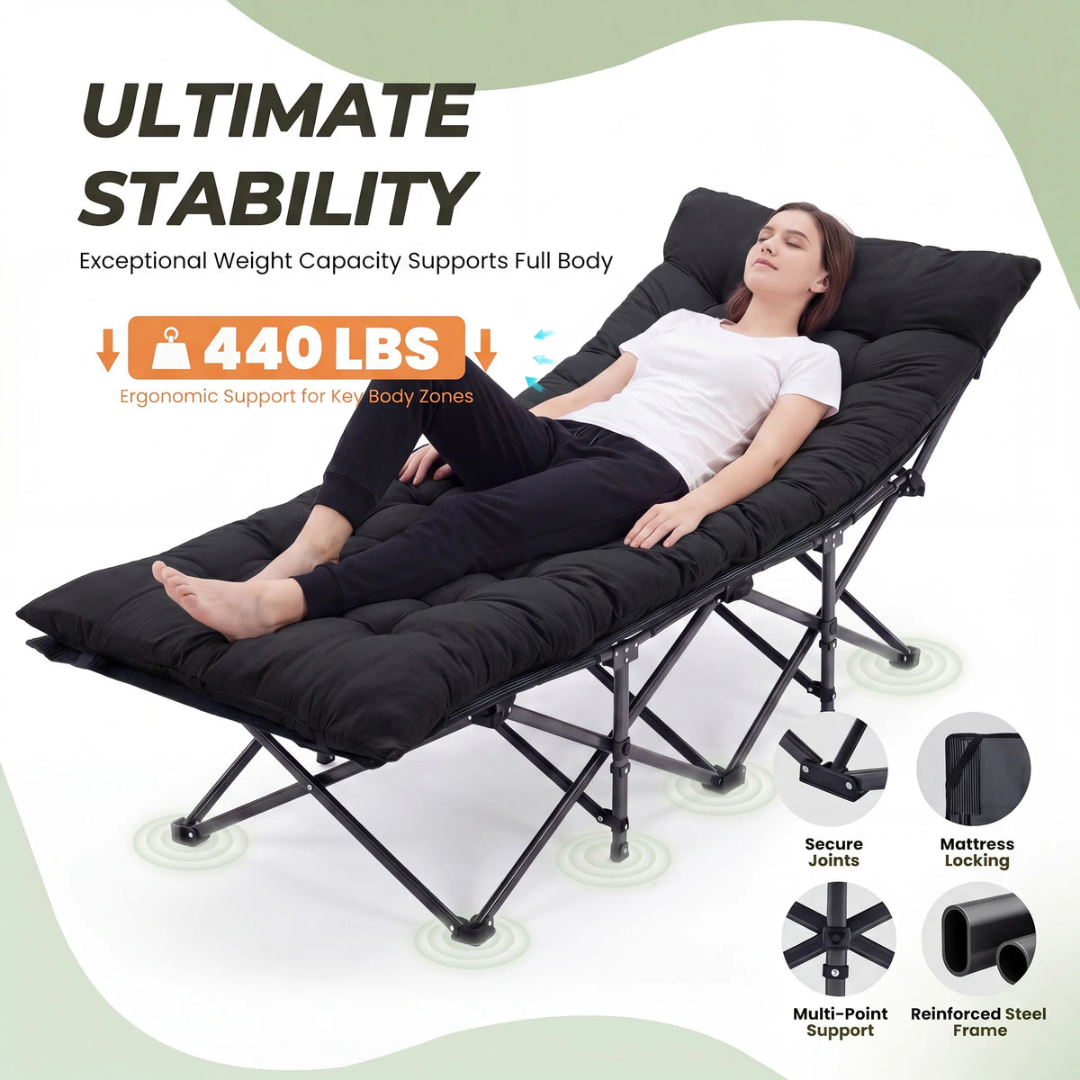 JHK Folding Camping Beach Lounge Chair With Cushion 440 Lb Sturdy Frame