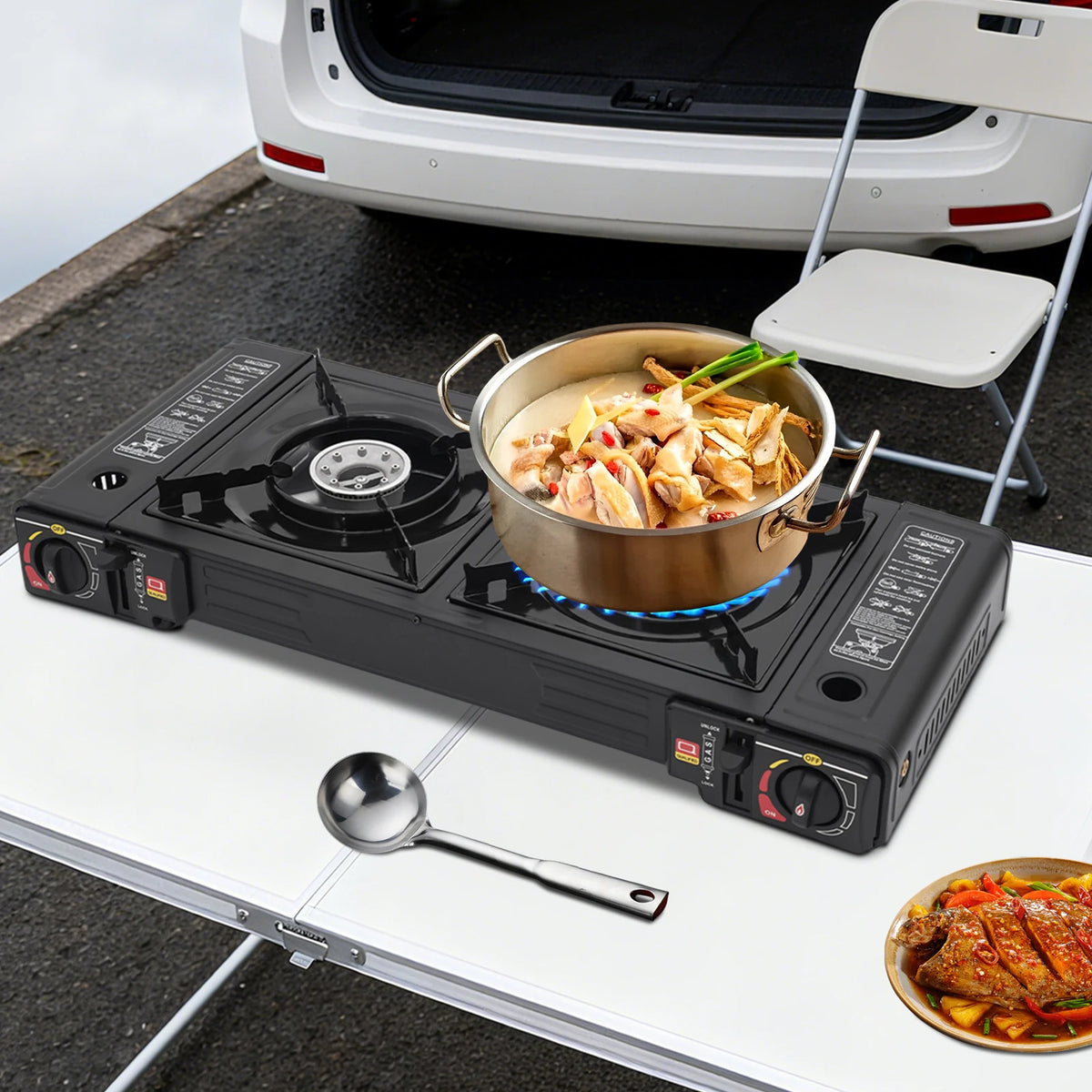 Portable Two Burner Camping Stove With Auto Ignition Case