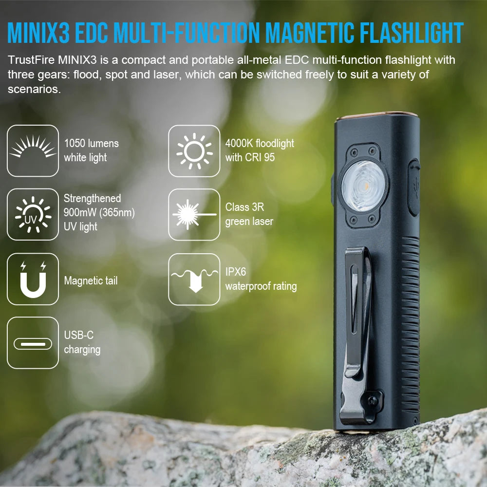TrustFire MINIX3 Flat EDC Flashlight UV Green Light 1050 Lumens