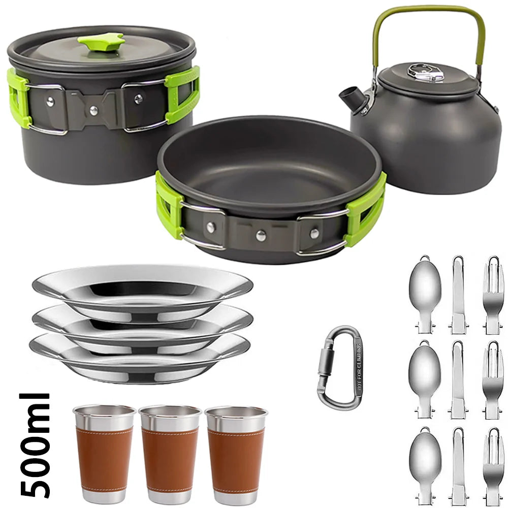 Portable Outdoor Camping Cookware Set With Nonstick Pot And Teapot