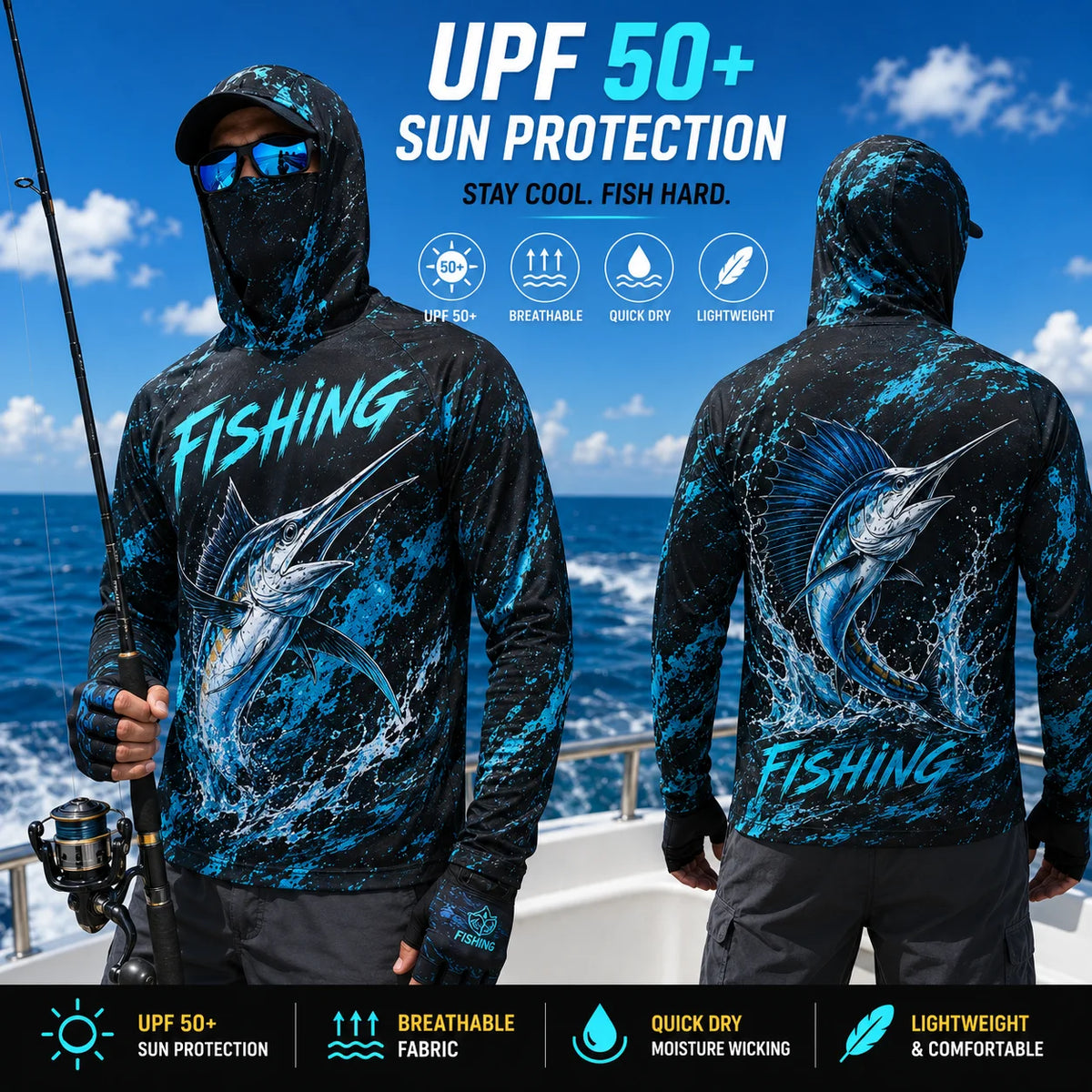 MALFC Mens Hooded Long Sleeve Fishing Shirt With UV Protection