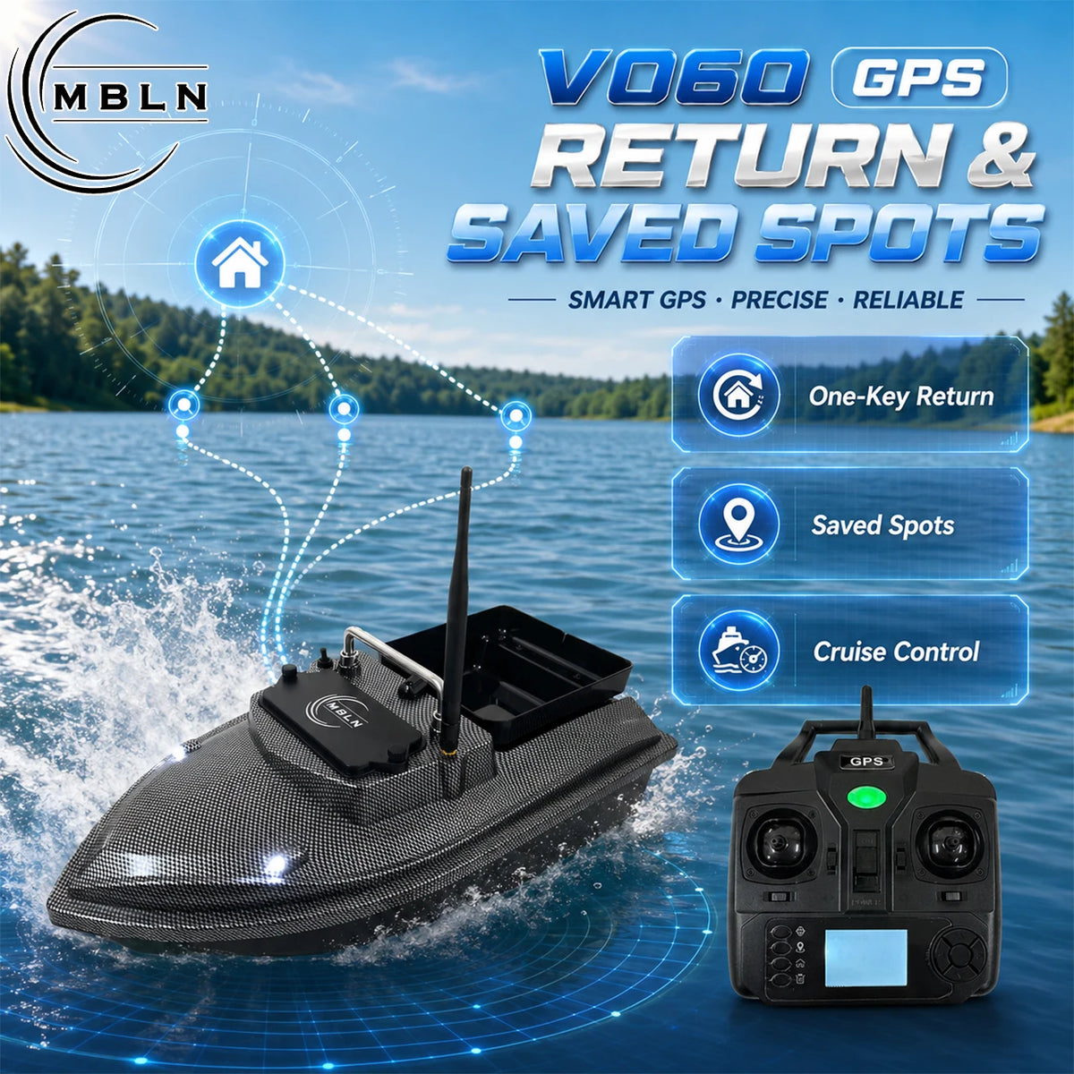 GPS Bait Boat with Rotating Spreader and Automatic Return