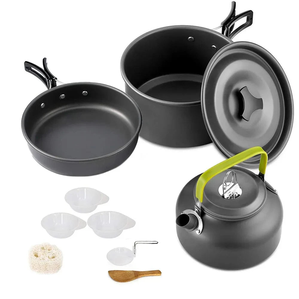 Portable Outdoor Camping Cookware Set With Nonstick Pot And Teapot