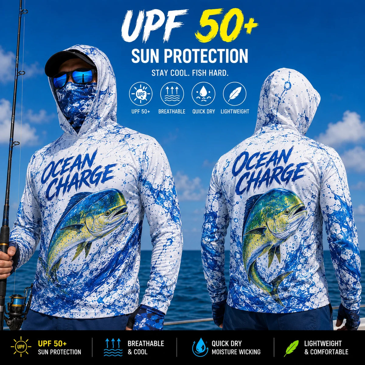 MALFC Mens Hooded Long Sleeve Fishing Shirt With UV Protection